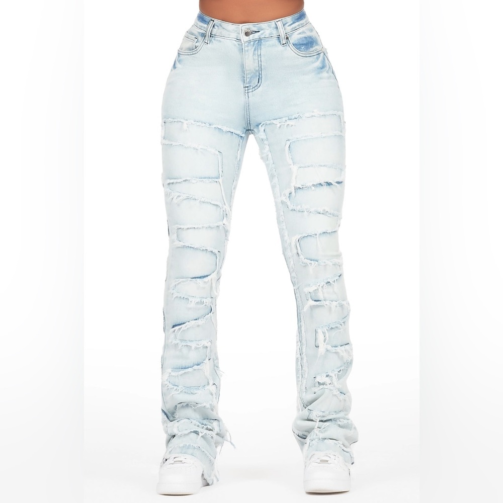 •Zariyah• Light Wash Stacked Flare Distressed Jean